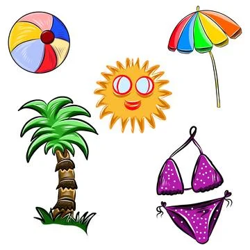 Vector color hand drawn set illustration, summer vacation accessories, blac.. Illustration