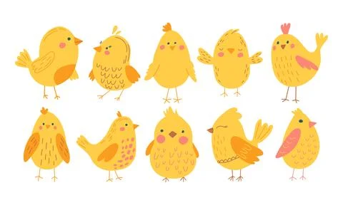 Vector color handdrawn cute easter set with chickens in flat style on a white Stock Illustration