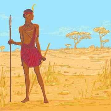 Vector color illustration. Armed with spear warrior of the Masai tribe in Stock Illustration