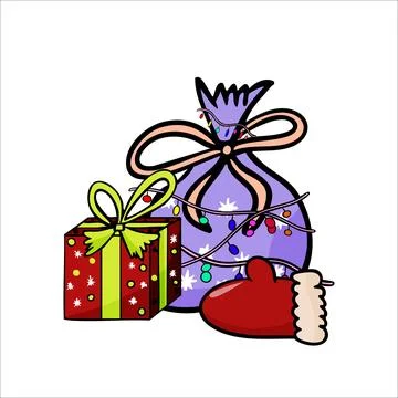 Vector color illustration of hand drawn New Year box with gifts and New Year  Stock Illustration