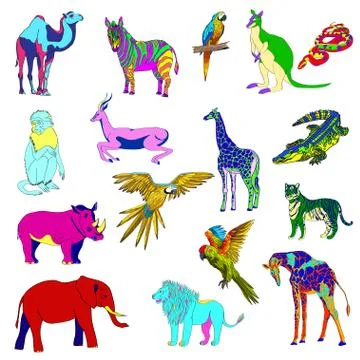 Vector color illustration. Set of animals, parrot, giraffe, monkey, gazelle, 스톡 일러스트