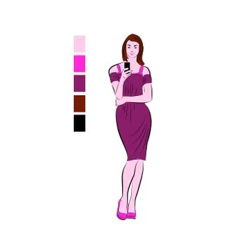 Vector color illustration of a standing girl with a phone. Stock Illustration