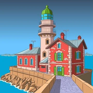 Vector color illustration of a stone lighthouse on a rocky coastline Stock Illustration