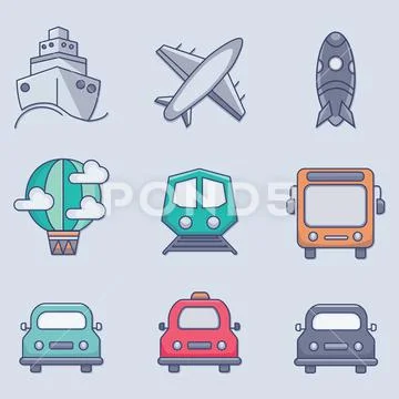 Vector color illustration transport icons. Airplane, car, bus, ship Stock Illustrationen