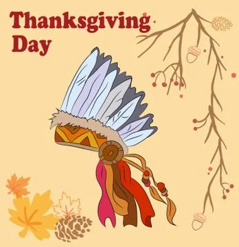 Vector color linear illustration of native american hat and handwritten text  Stock Illustration