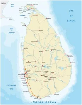 Vector color map of Sri Lanka country with important cities and roads Illustrazione stock