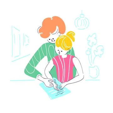 Vector color picture. Home schooling. Family in room. Little girl and mother  Stock-Illustration