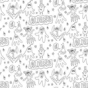 Vector color seamless childish pattern with cute outline monsters aliens, spa Illustrazione stock