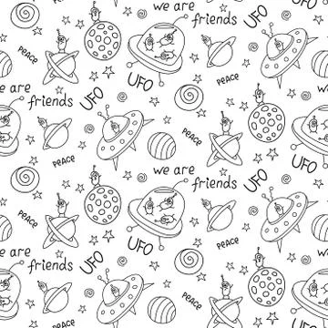 Vector color seamless childish pattern with cute outline monsters aliens, spa 스톡 일러스트