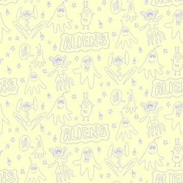 Vector color seamless childish pattern with cute outline monsters aliens, spa 스톡 일러스트