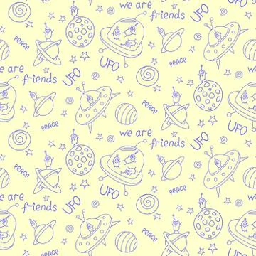 Vector color seamless childish pattern with cute outline monsters aliens, spa 스톡 일러스트