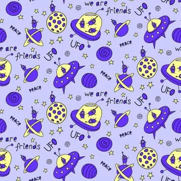 Vector color seamless childish pattern with cute outline monsters aliens, spa Stock Illustration