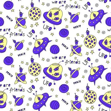 Vector color seamless childish pattern with cute outline monsters aliens, spa イラスト素材