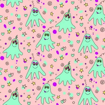 Vector color seamless childish pattern with cute monsters aliens and space do イラスト素材