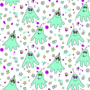 Vector color seamless childish pattern with cute monsters aliens and space do Stock Illustration