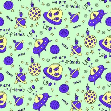 Vector color seamless childish pattern with cute outline monsters aliens, spa Stock Illustration