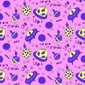 Vector color seamless childish pattern with cute outline monsters aliens, spa Illustrazione stock