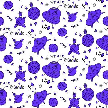 Vector color seamless childish pattern with cute outline monsters aliens, spa 스톡 일러스트