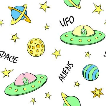 Vector color seamless childish pattern with cute aliens, space doodles, lette イラスト素材