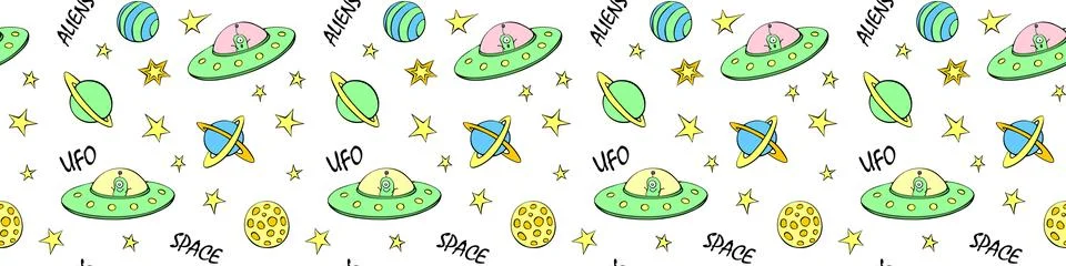 Vector color seamless childish pattern with cute aliens, space doodles, let.. Stockillustratie