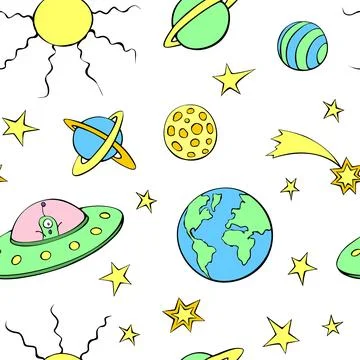 Vector color seamless childish pattern with cute aliens, planets, stars, Fl.. 스톡 일러스트