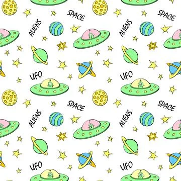Vector color seamless childish pattern with cute aliens, space doodles, let.. Stockillustratie