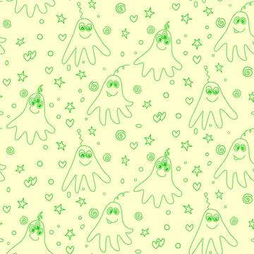 Vector color seamless pattern with cute monsters aliens and space doodles. Ba Stock Illustration