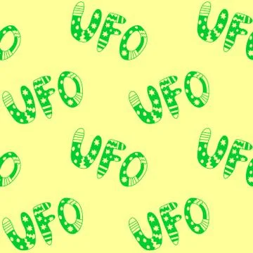 Vector color seamless pattern with the word UFO. Background and texture on th Stock Illustration