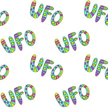 Vector color seamless pattern with the word UFO. Background and texture on th Stock Illustration