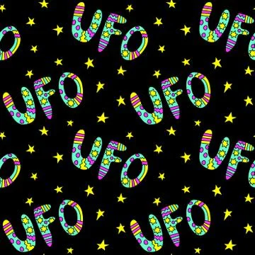 Vector color seamless pattern with the word UFO. Background and texture on th Stock Illustration