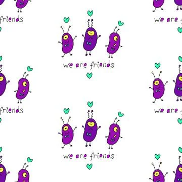 Vector color seamless repeating childish pattern with cute monsters aliens an Illustrazione stock