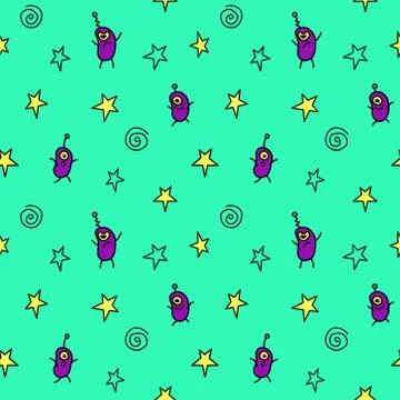Vector color seamless repeating childish pattern with cute monsters aliens an Stock Illustration