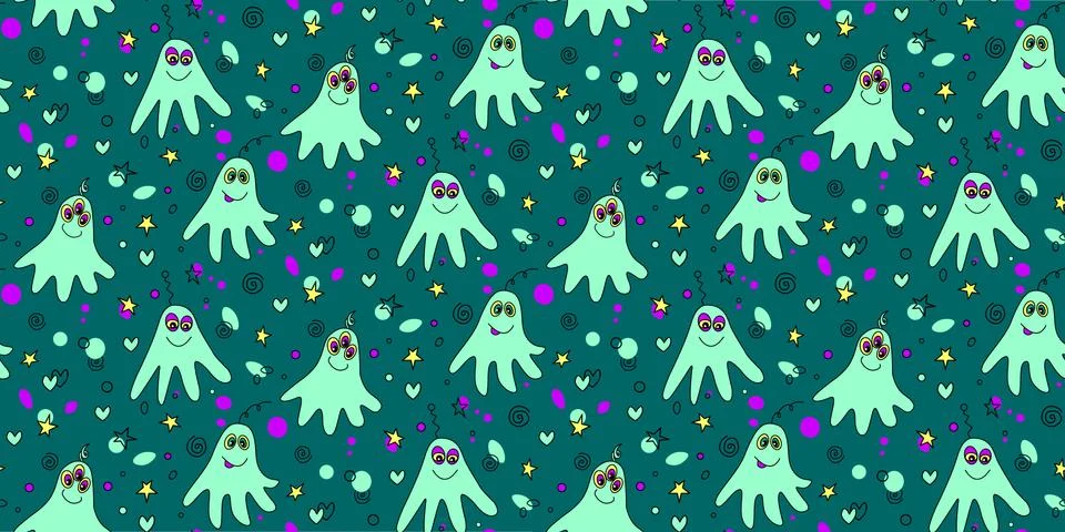 Vector color seamless repeating childish pattern with cute monsters aliens an Stockillustratie