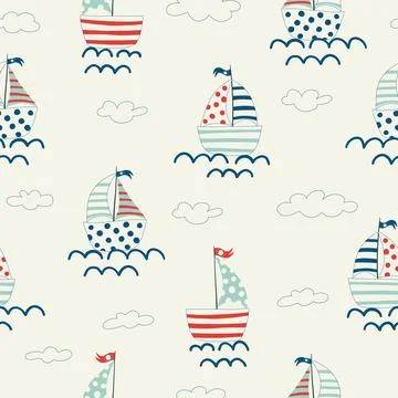 Vector color seamless repeating childish simple pattern with cute ships in Stock Illustration