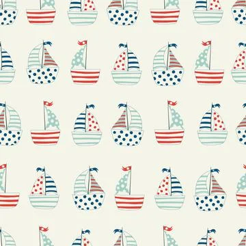 Vector color seamless repeating childish simple pattern with cute ships in Illustrazione stock