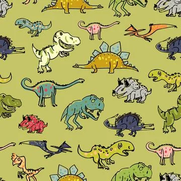 Vector color seamless repeating pattern with green dinosaurs. Stock Illustration