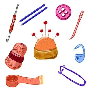 Vector color set illustration hand drawn, knitting items Ilustración de archivo