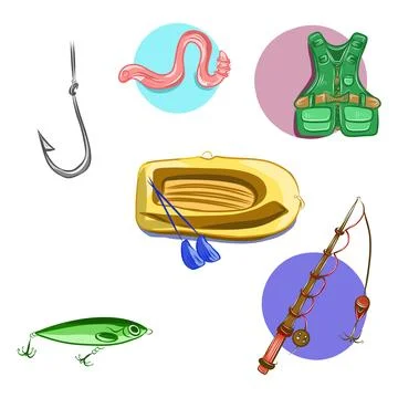 Vector color set illustration hand drawn, items for fishing Stock Illustration