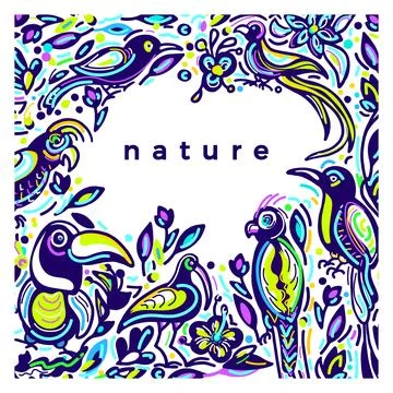 Vector color template of wild tropical bird, leaves, flower in bloom Art sket Stock Illustration