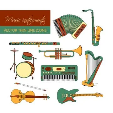 Vector color thin line icons with different music instruments Stock Illustration