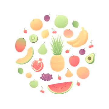 Vector color veggy fruit in form of circle frame. Flat style. Stock Illustration