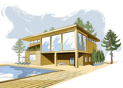 Vector colored background with modern house with swimming pool Stock Illustration