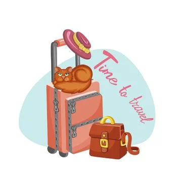 Vector colored cartoon style hand drawn cat sitting on suitcases, stack of .. Stock Illustration