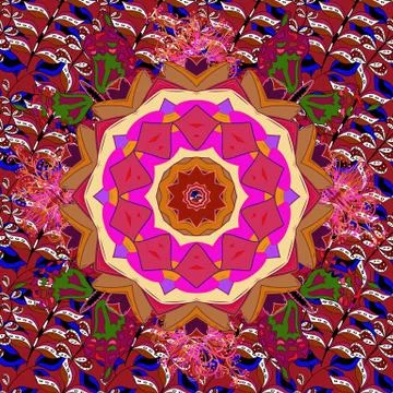 Vector colored design abstract mandala sacred geometry illustration on a magenta Illustrazione stock