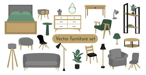 Vector colored doodle set of  furniture, decor and lighting Stock Illustration