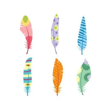 Vector colored feathers set. Bird feathers painted in colorful patterns 스톡 일러스트