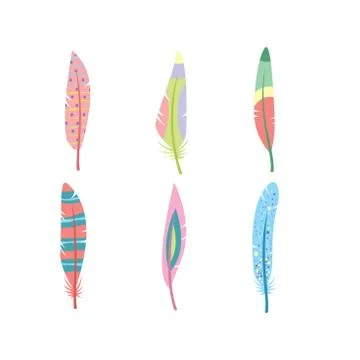 Vector colored feathers set. Bird feathers painted in colorful patterns Illustrazione stock
