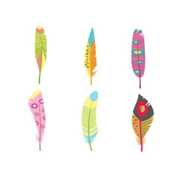 Vector colored feathers set. Bird feathers painted in colorful patterns Stock Illustration