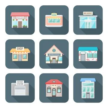 Vector colored flat style various buildings icons set. Stock Illustration