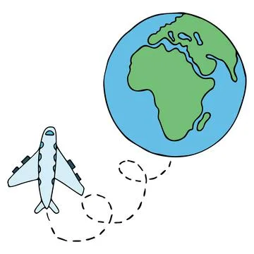 Vector colored hand drawn Earth and airplane on white background Stock Illustration